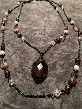 Faceted Garnet-Red Colored Pendant Layered Necklace - Women Jewelry
